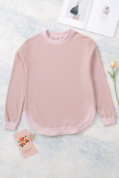 Pink Waffle Knit Crew Neck Casual Long Sleeve Top