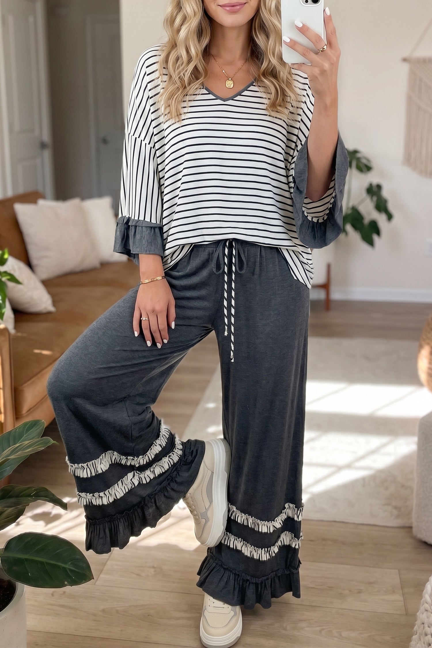 Gray Stripe V Neck Ruffle Contrast Sleeve Top Drawstring Pants 2pcs Set