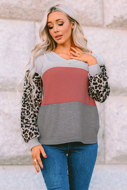 Leopard Print Color Block V Neck Waffle Knit Long Sleeve Top