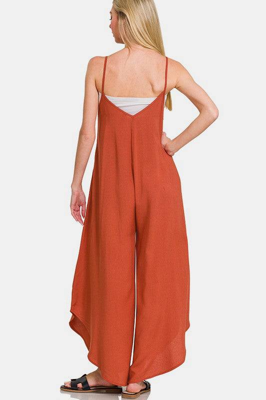 Zenana Spaghetti Strap Wide Leg Overalls with Pockets