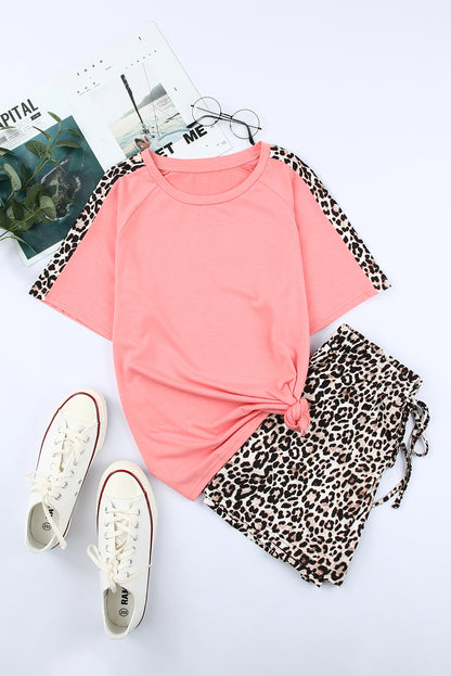 Colorblock Leopard Short Sleeve and Shorts Loungewear