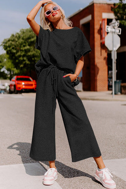 Gray Textured Loose Fit T Shirt & Drawstring Pants Set