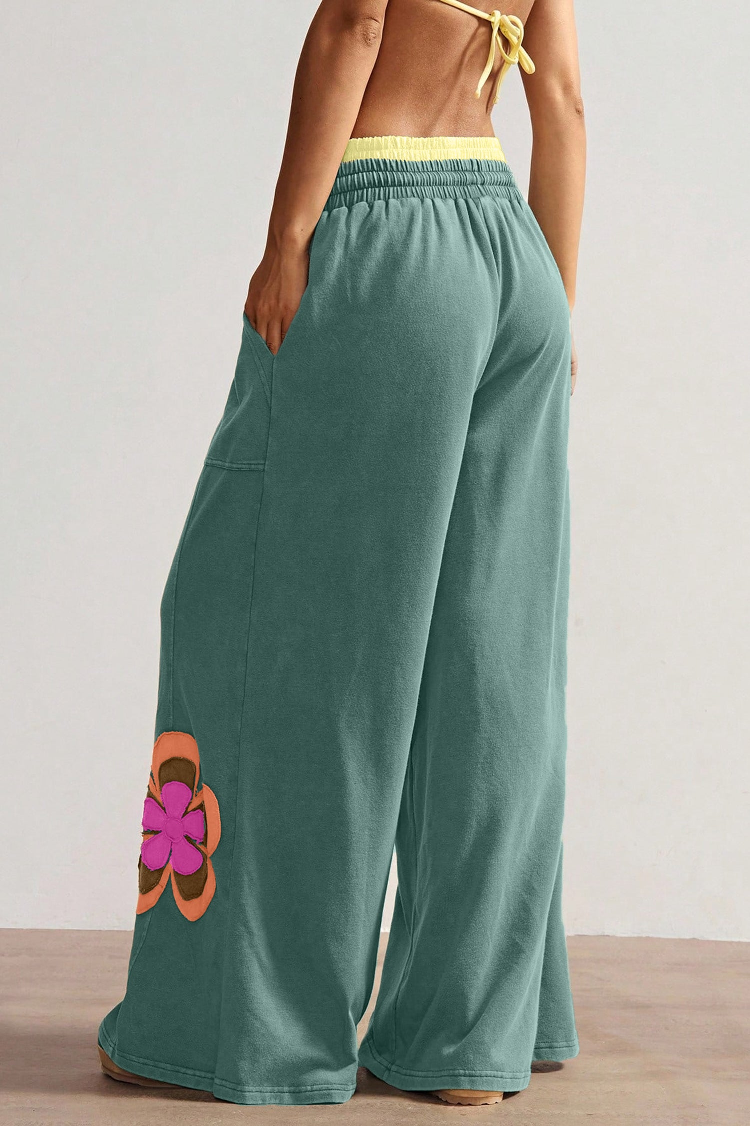 Grapefruit Orange Color Block Flower Patchwork Drawstring Contrasted Elastic Waist Wide Leg Pants