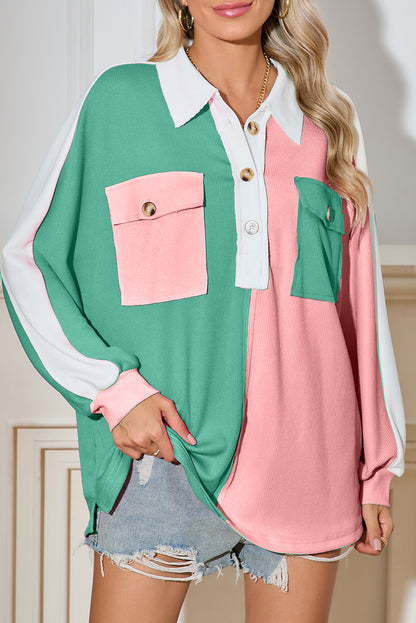 Gray Colorblock Patchwork Ribbed Oversized Henley Sweatshirt