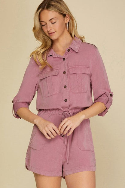 Pink Roll-up Sleeve Flap Pockets Drawstring Romper