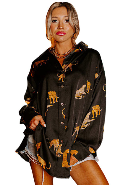 Black Animal Print Button Up Satin Shirt