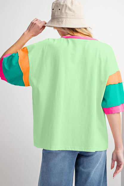 Light Blue Color Block Sleeve Round Neck Oversize Top