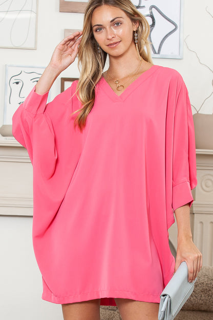 Strawberry Pink Solid Color V Neck 3/4 Sleeve Dress