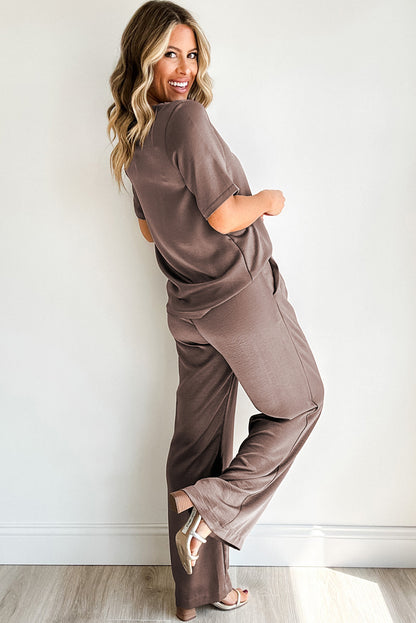 Smoke Gray Solid Color T-Shirt and Wide Leg Pants Set