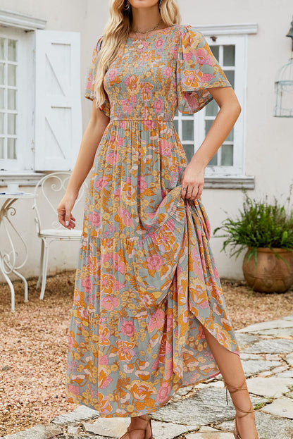 Boho Wide Sleeve Smocked Waist Floral Dress