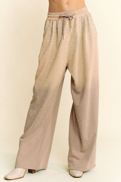 Davi & Dani Rhinestone Drawstring Wide Leg Pants