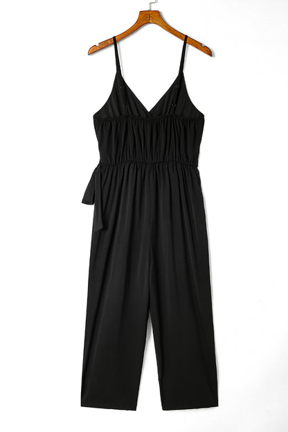 Black Casual Surplice V Neck Knot Wide Leg Jumpsuit