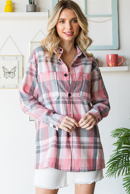 Pink Long Sleeve Collared Button Up Flannel Shirt