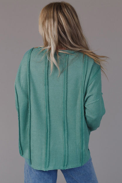 Green Exposed Seam Waffle Knit Loose Top