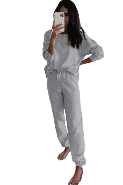 Gray Plain Long Sleeve Top & Drawstring Pants Two Piece Pants Set