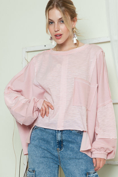 Green Splicing Long Sleeve Pocketed Oversized Top