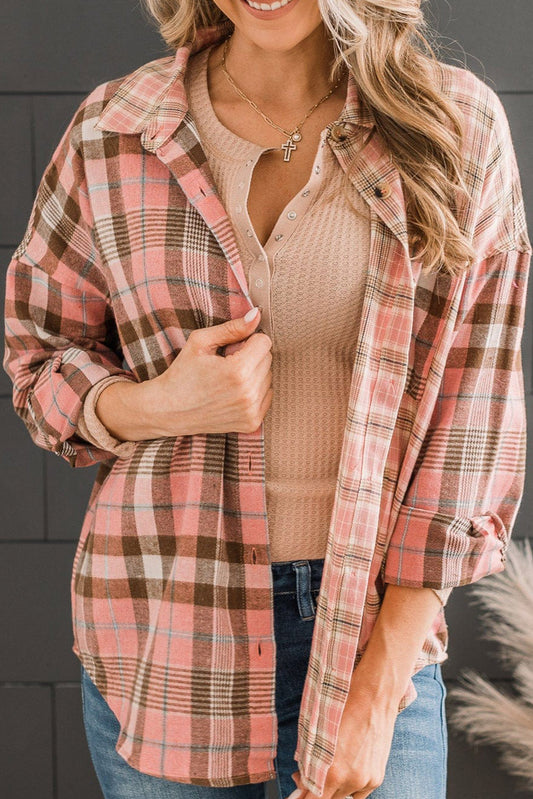 Pink Drop Shoulder Rounded Hem Plaid Pattern Shirt