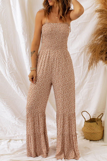 Dusk Blue Floral Print Thin Straps Smocked Wide Leg Jumpsuit