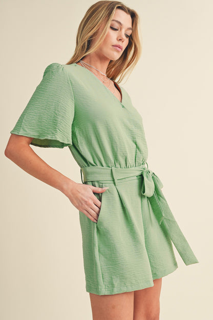 Grass Green Solid Color V Neck Wrap Waist Tie Romper