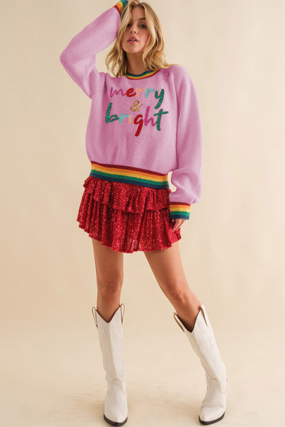 White Glitter Merry & Bright Rainbow Striped Trim Sweater