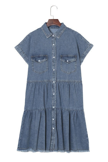 Gray Button Up Short Sleeve Denim Shirt Dress