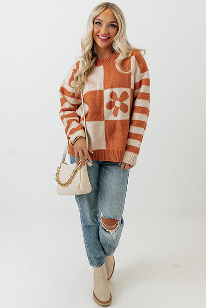 Brown Checkered and Striped Knitted Pullover Sweater