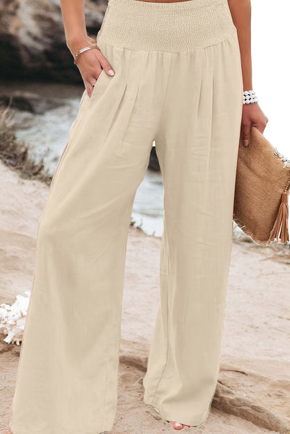 Khaki Smocked Wide Waistband High Waist Wide Leg Pants