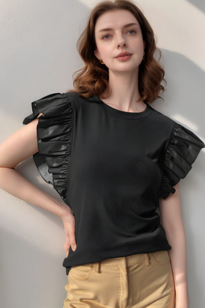 Ruffled Round Neck Cap Sleeve Blouse