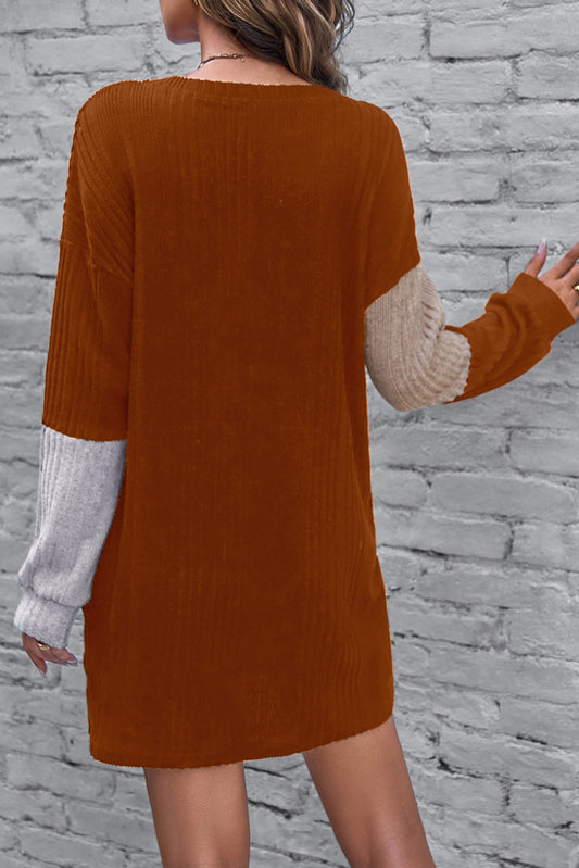 Chestnut Ribbed Color Block Drop Shoulder Long Sleeve Short Dress