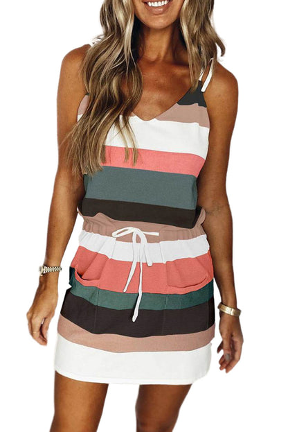 Casual Striped Tie Shoulder Sleeveless Pocket Dress