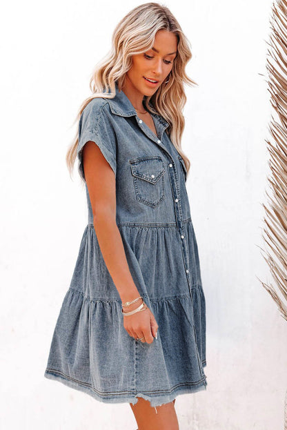 Gray Button Up Short Sleeve Denim Shirt Dress