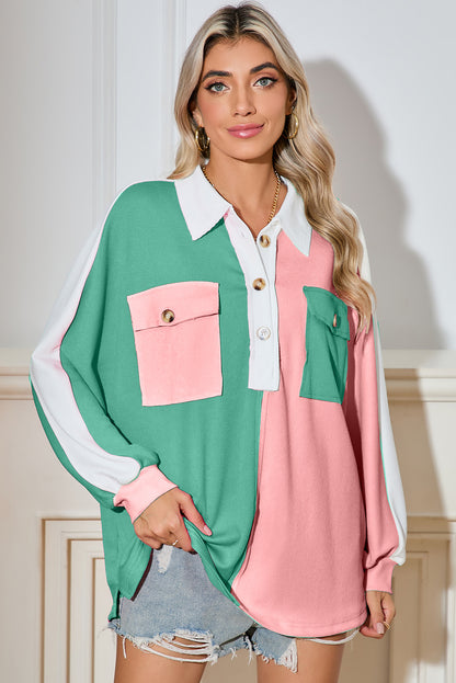 Gray Colorblock Patchwork Ribbed Oversized Henley Sweatshirt