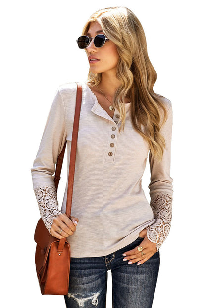 Beige Ribbed Lace Crochet Long Sleeve Henley Shirt for Women