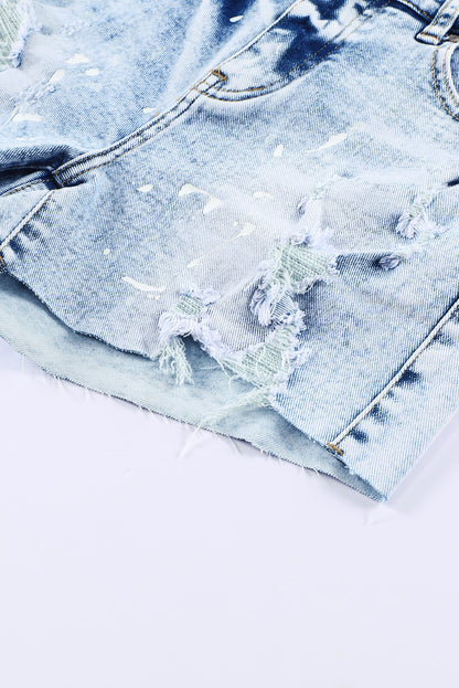 Light Blue Distressed Raw Hem Casual Bleached Denim Shorts