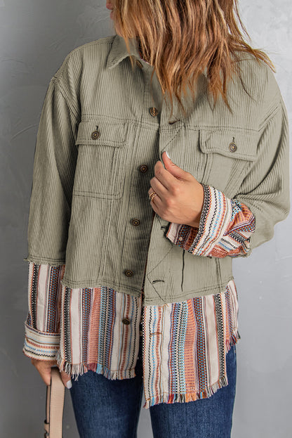 Beige Button Up Pockets Striped Color Block Corduroy Jacket