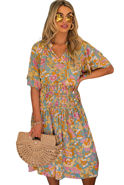 Boho Wide Sleeve Smocked Waist Floral Dress