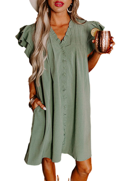 Mist Green Ruffle Trim Sleeve V Neck Pocketed Mini Dress