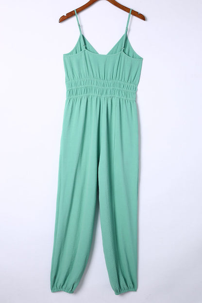 Shirred High Waist Sleeveless V Neck Jumpsuit