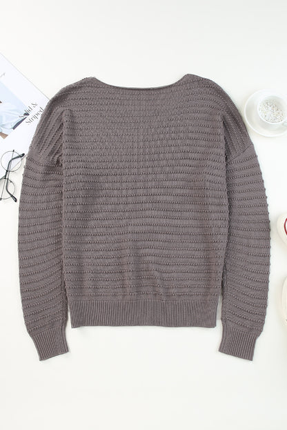 Gray Textured Knit Round Neck Dolman Sleeve Sweater