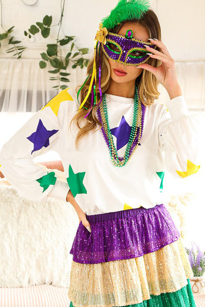 White Mardi Gras Star Print Long Sleeve Top