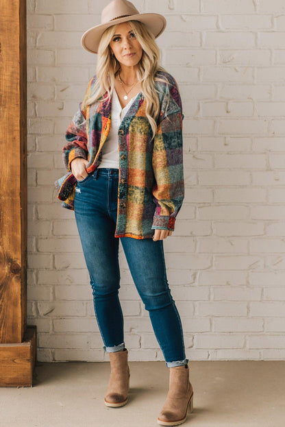 Multicolor Brushed Checked Tunic Buttoned Jacket