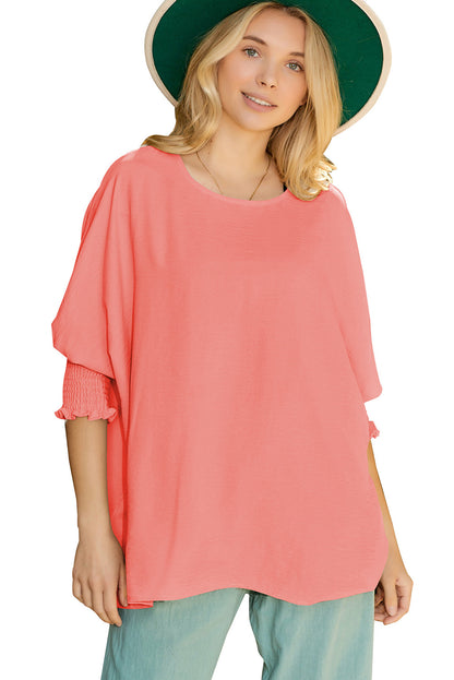 Rosy Solid Casual Smocked Cuffs Top