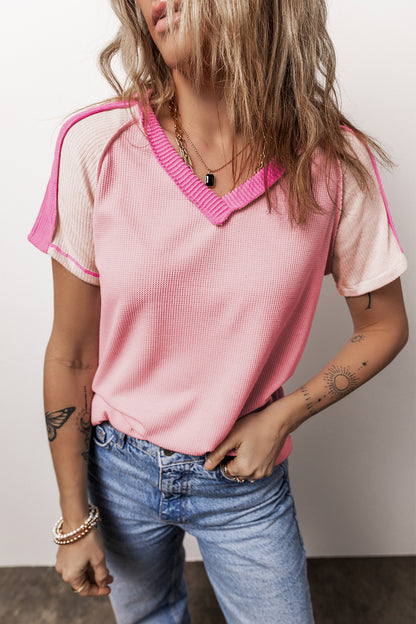 Pink Exposed Seam Patchwork Waffle Knit V Neck T-shirt