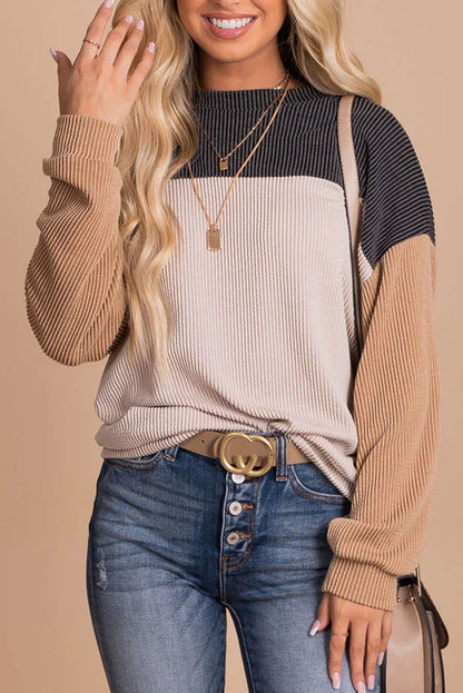 Black Color Block Corduroy Long Sleeve Top