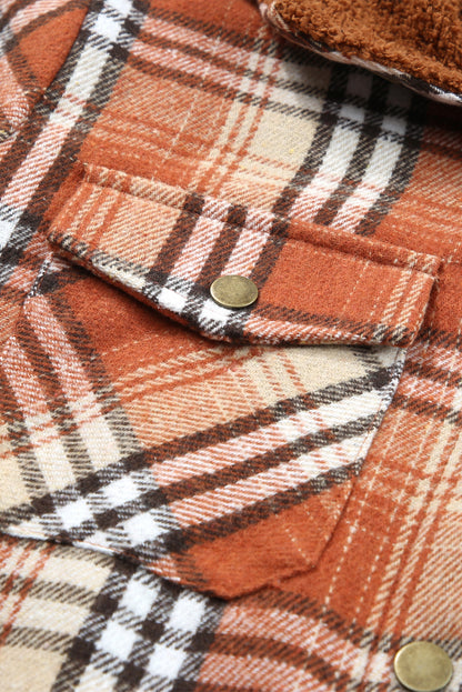 Khaki Snap Button Sherpa Lined Hooded Flannel Jacket