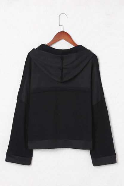 Black Button Front Plain Pullover Hoodie