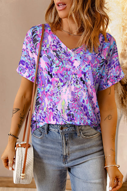 Pastel Blue Abstract Floral Print Short Sleeve V Neck T Shirt