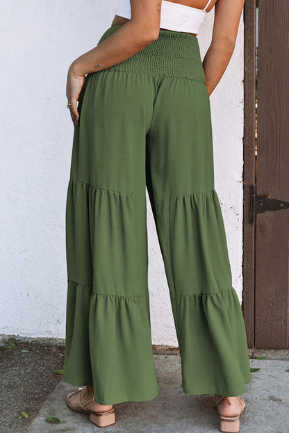 Khaki Lace up Smocked Waist Tiered Wide Leg Pants