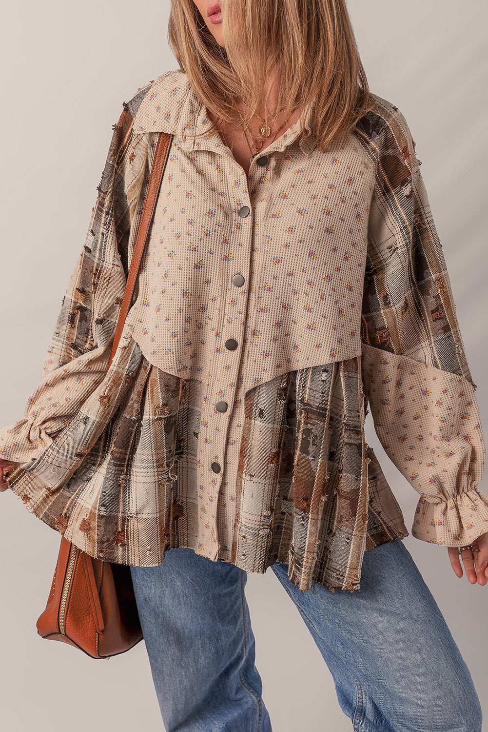 Oatmeal Boho Floral Plaid Patchwork Waffle Knit Distressed Jacket
