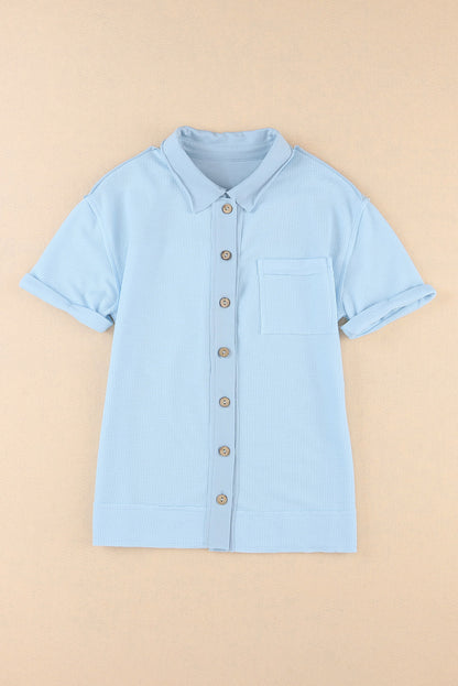 Acid Wash Waffle Knit Short Sleeve Buttoned Shirt